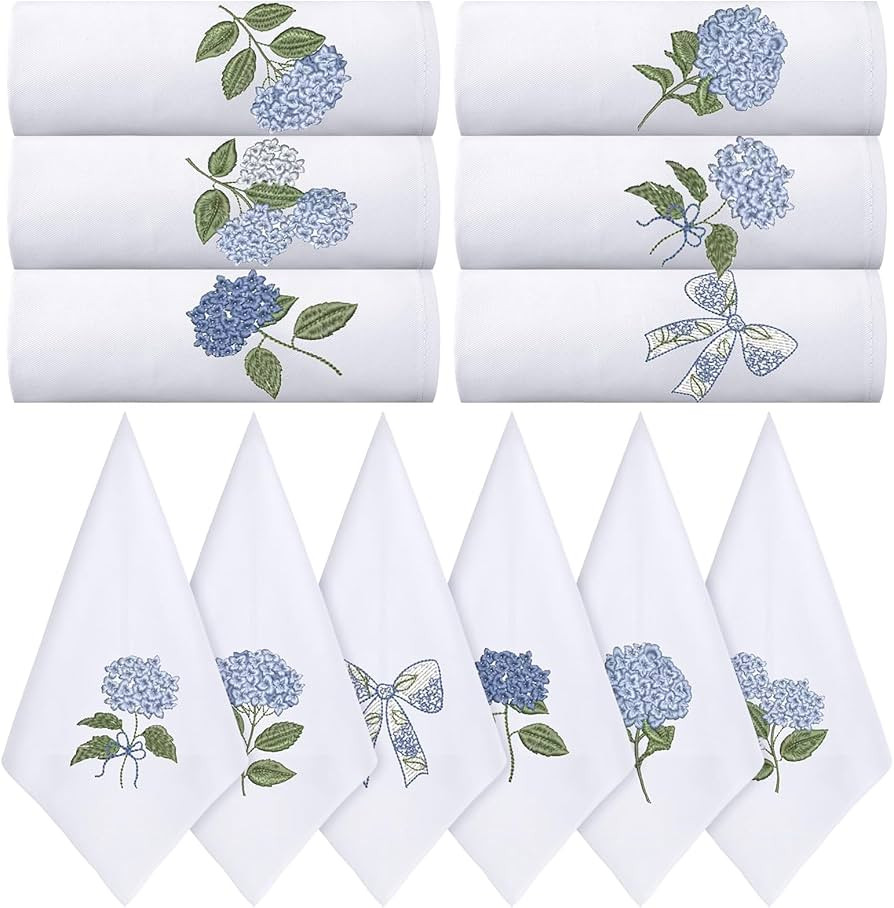 12 Pcs Spring Floral Cloth Napkins 100% Cotton Blue Hydrangea Dinner Tea Party Napkins Embroidere... | Amazon (US)