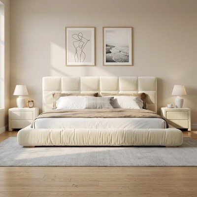 Polibi Modern Queen Size Upholstered Velvet Platform Bed Frame with Tufted Headboard, Beige | Target