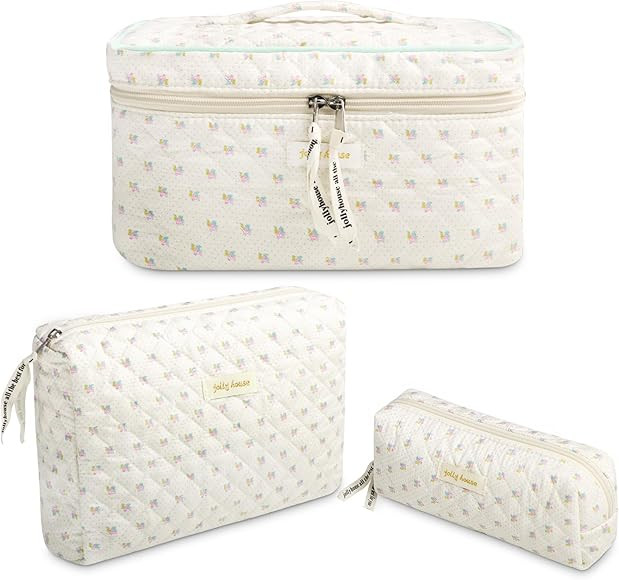 Veirdro 3pcs Quilted Makeup Bag, Large Cotton Cosmetic Bag, Travel Must Haves Makeup Organizer, C... | Amazon (US)