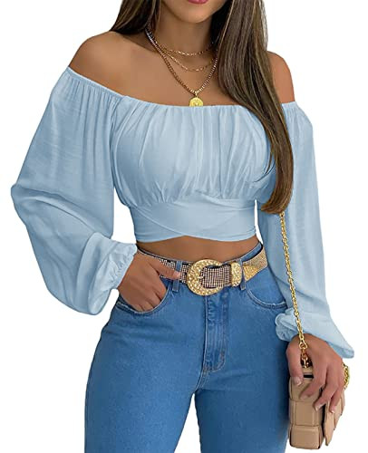 MIRACMODA Woman Off Shoulder Ruched Tie Back Crop Top Summer Lantern Sleeve Boho Shirt Blouse | Amazon (US)