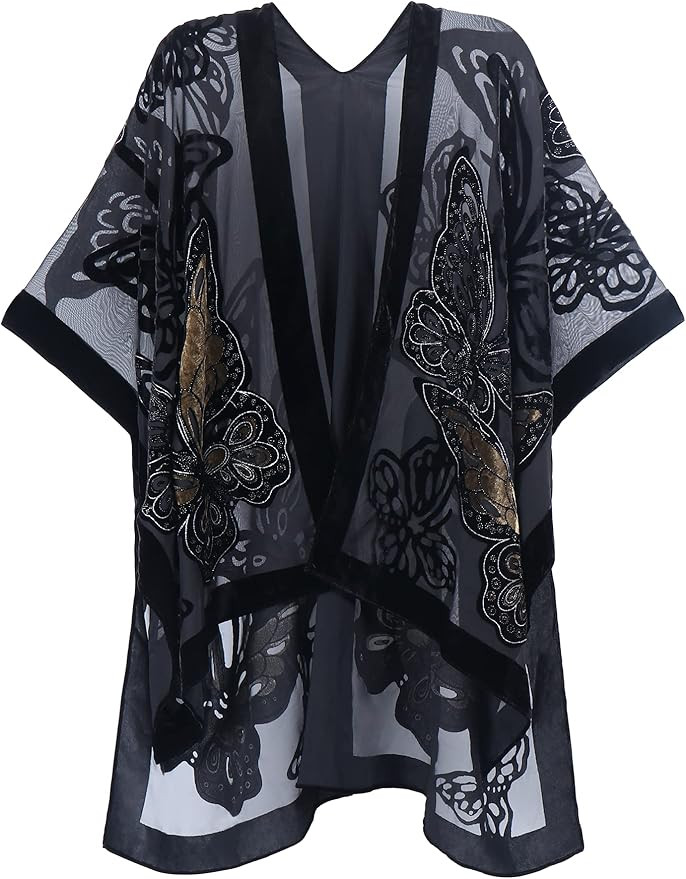 Women's Burnout Velvet Kimono Long Cardigan Cover Up Casual Outfit | Amazon (US)