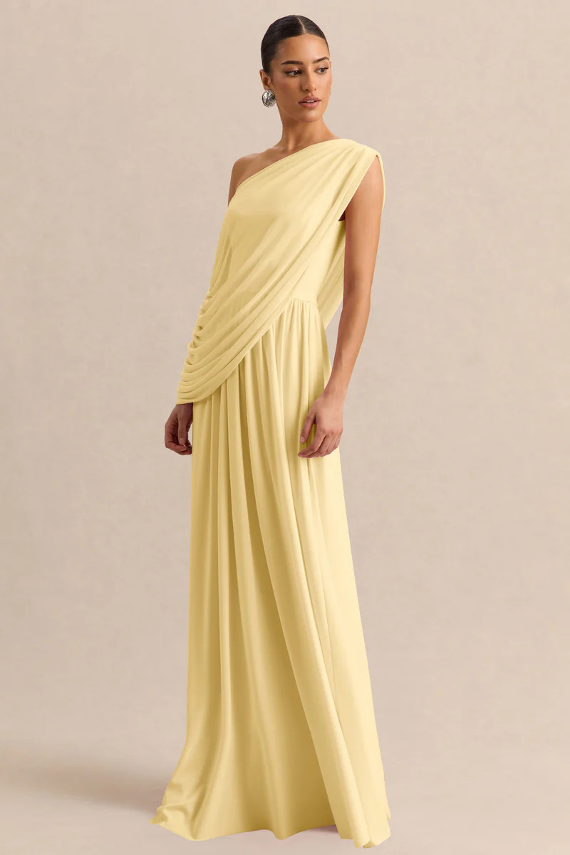 Sabianna  Lemon Asymmetric-Neck Maxi Dress With Draped Detailing | Club L London