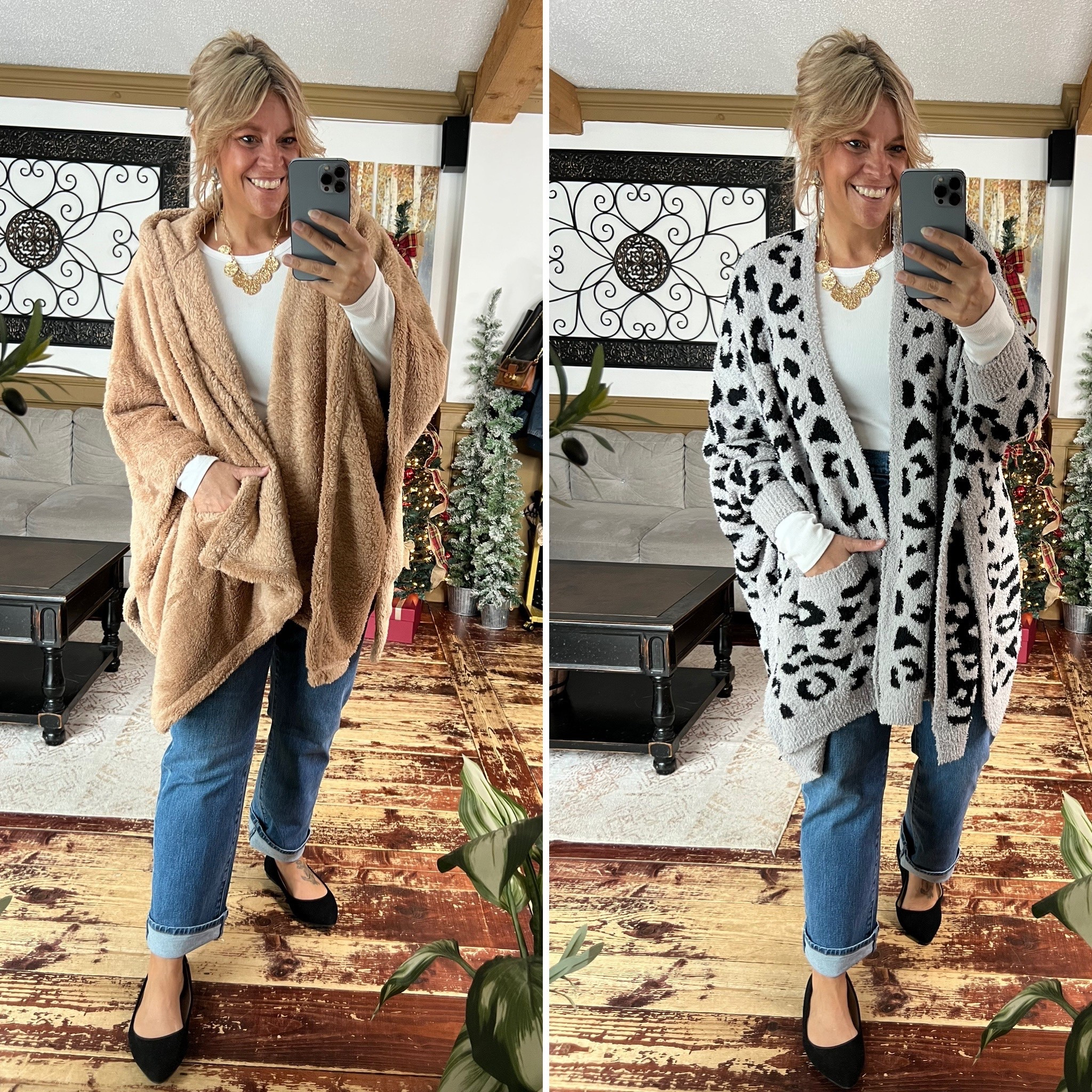 Cozy wearable shawl cardigans- one size; jeans size 14; winter outfit idea 

#LTKFindsUnder50 #LTKSeasonal #LTKMidsize