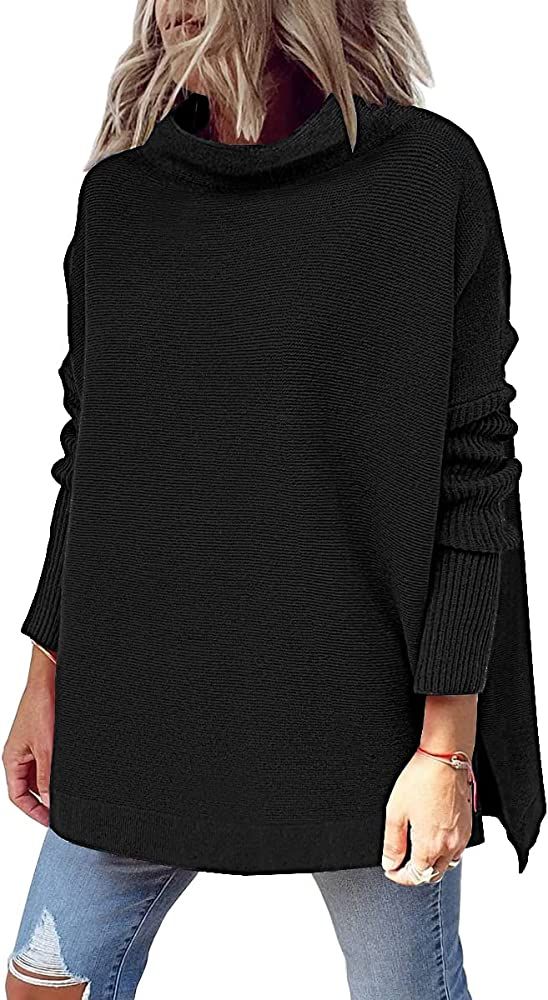 LILLUSORY Women's Turtleneck Casual Tops Long Batwing Sleeve Spilt Hem Ribbed Knit Pullover Sweaters | Amazon (US)