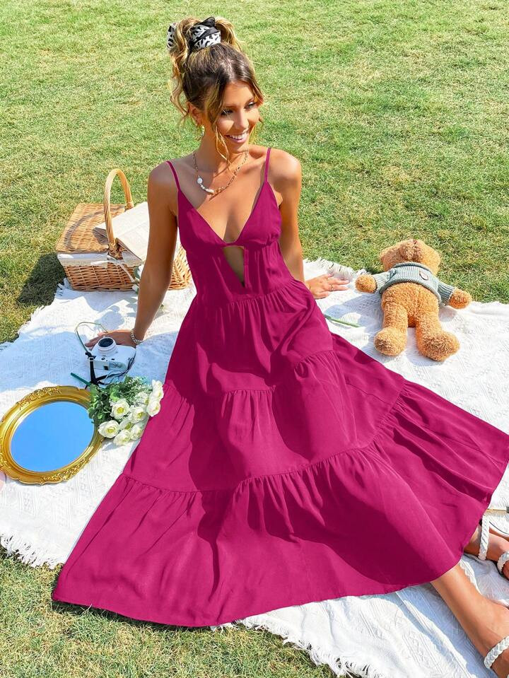 SHEIN VCAY Women Summer Beach Cut Out Front Ruffle Hem Cami Maxi Black Dress | SHEIN