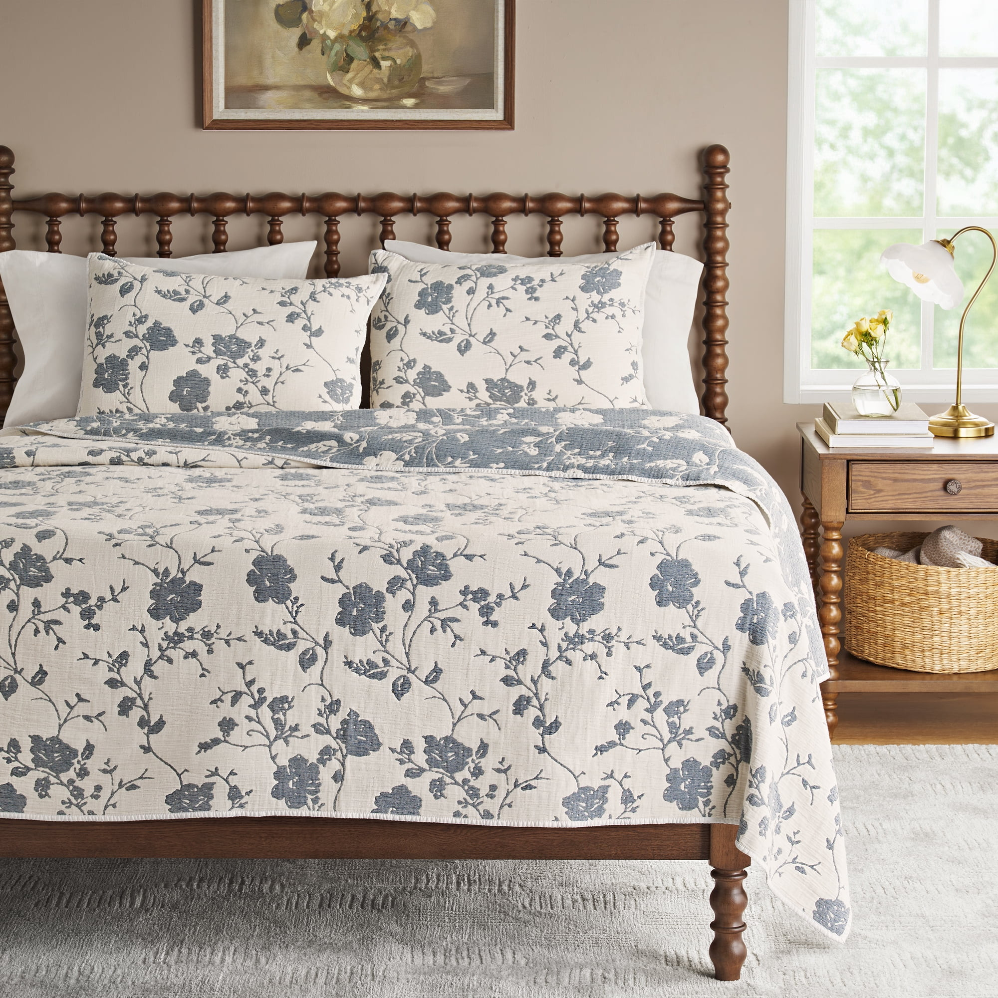 The Pioneer Woman Agatha Floral Gauze Quilt, Full/Queen, Blue Dust, Reversible Bedding | Walmart (US)
