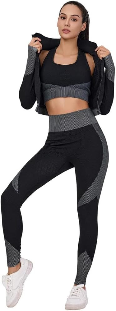 Women's 3-Piece Seamless Workout Set – High-Waist Leggings, Sports Bra & Crop Top – Yoga & Fitness Gym Activewear | Amazon (US)