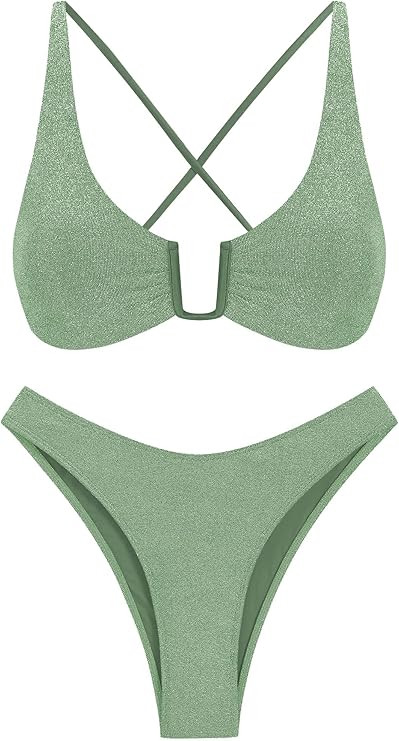 ZAFUL Women's Two Piece Swimsuit Textured U-Wired Metal Criss Cross String Bikini High Leg Bathin... | Amazon (US)