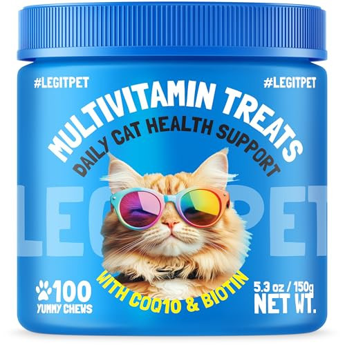 Multivitamin Cat Treats Vitamins for Indoor Cats Skin & Coat Digestion Immunity Mobility Heart & Brain Support Supplements for Overall Cat Health with Vitamins A B C D E and Biotin 100 Yummy Chews | Amazon (US)