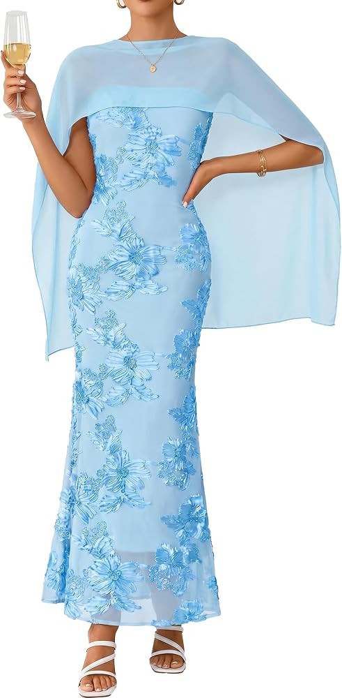 Floral Strapless Maxi Dress with Cape, Mesh Floral Formal Dresses for Wedding Guest Summer Cocktail Party Dresses | Amazon (US)
