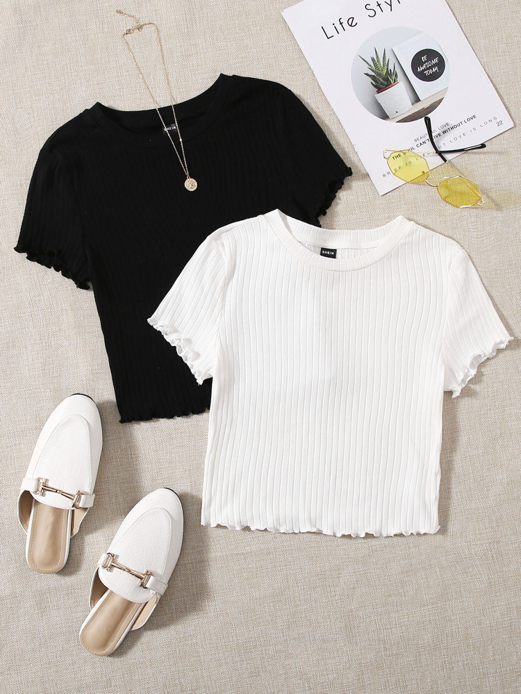 SHEIN 2 Pack Lettuce Trim Rib-knit Tee | SHEIN