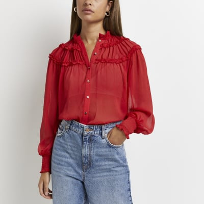 Red frill puff sleeve shirt | River Island (UK & IE)
