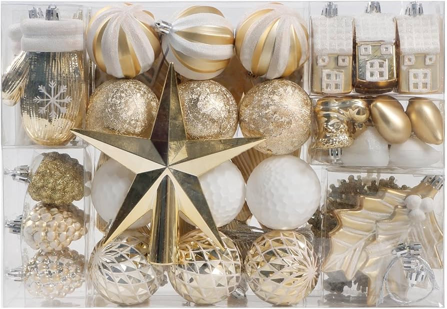 Christmas Ball Ornaments Set, 88ct 40mm 60mm Elegant White and Gold Assorted Xmas Tree Ball Ornam... | Amazon (US)
