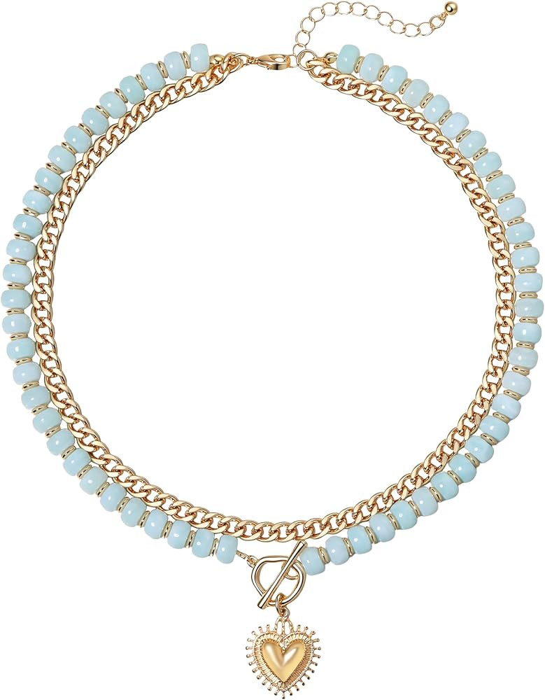 Layered Beaded Necklaces for Women,Colored Acrylic Beads Choker,Gold Heart Charm Pendant, Chunky ... | Amazon (US)