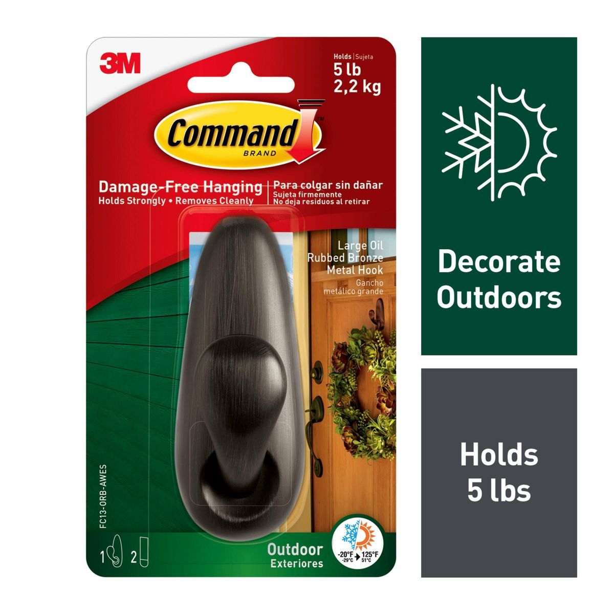 Command Large Sized Outdoor Forever Classic Metal Decorative  Hook with Foam Strips Bronze | Target