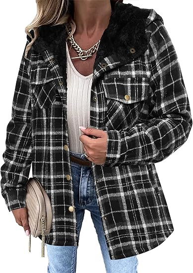 Zeagoo Womens Plaid Shacket Jacket Long Sleeve Button Down Fleece Hooded Jackets Warm Coat | Amazon (US)