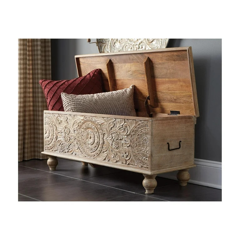 Signature Design by Ashley Fossile Ridge Boho Carved Wood Storage Bench with Hinge Top, Beige | Walmart (US)