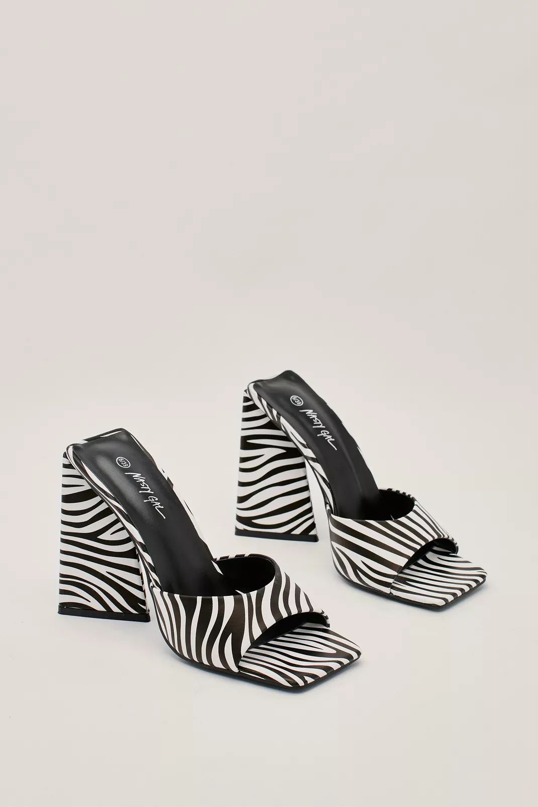 Faux Leather Zebra Print Flared Heel Mules | Nasty Gal (US)