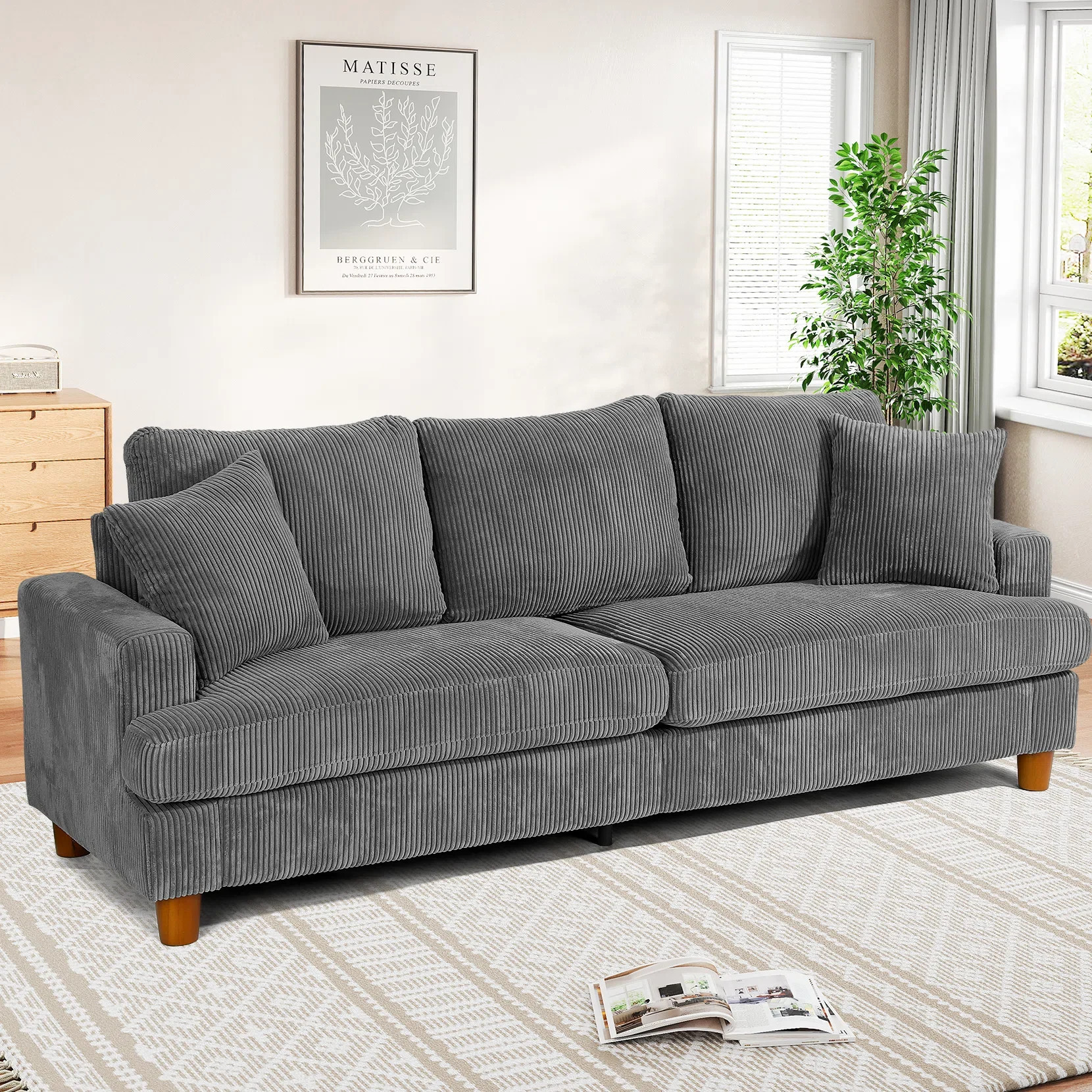 87"Solid Wood Leg Corduroy 3-Person Sofa with 2 Pillows | Wayfair North America