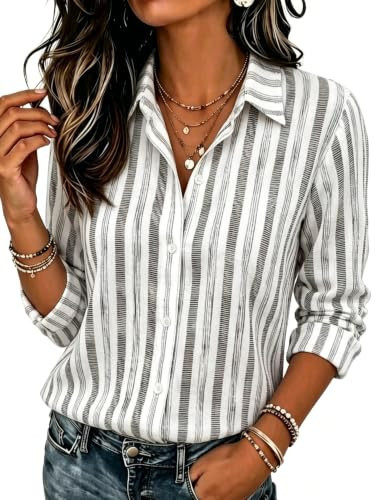 COUXILY Striped Shirt Women Collar Stripe Button Down Shirt Women V Neck Collared Super Soft Shirt Versatile for Outdoor Activities Weekend Gathering Daily Home Wear White and Grey S10 M | Amazon (US)
