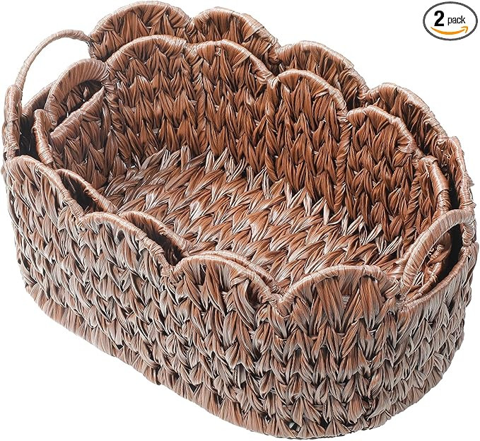 Wicker Scalloped Basket Set of 2,Woven Storage Baskets for Shelves,Closet,Laundry,Gift,Towels,Boo... | Amazon (US)