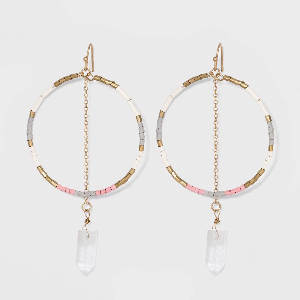 Semi-Precious Crystal Quartz Shard with Beaded Hoop Drop Earrings - Universal Thread | Target