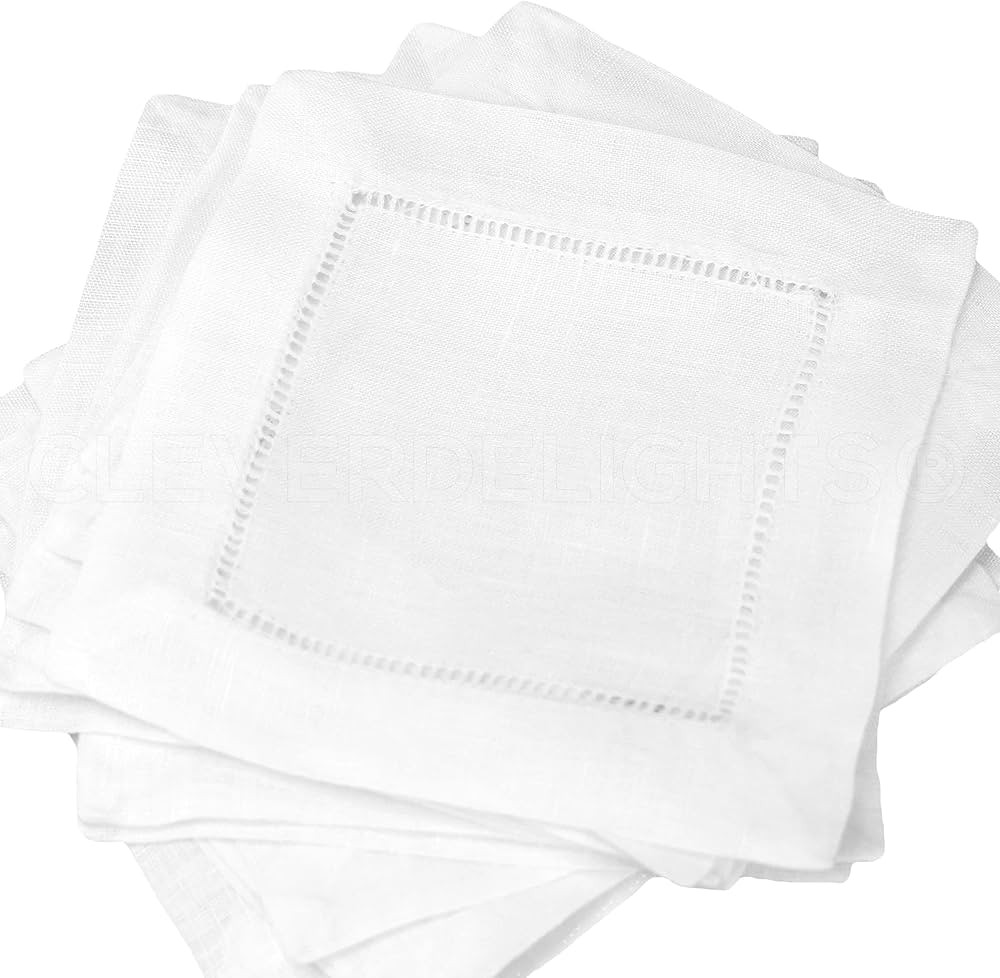 CleverDelights 6" White Linen Hemstitch Cocktail Napkins - 12 Pack - 100% Linen | Amazon (US)