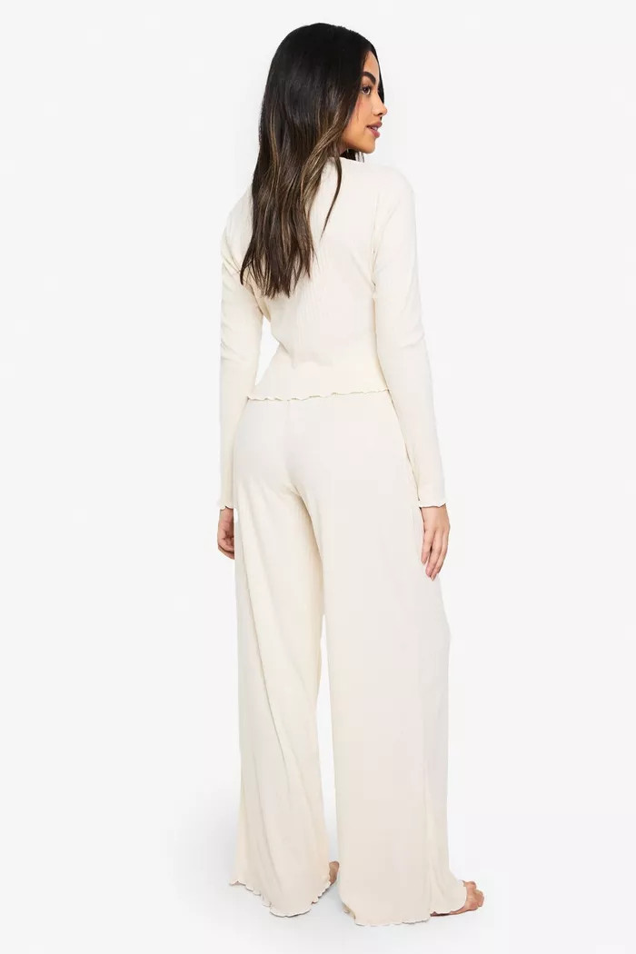 Soft Rib Long Sleeve Wrap Top & Trousers Lounge Set | Boohoo.com (UK & IE)