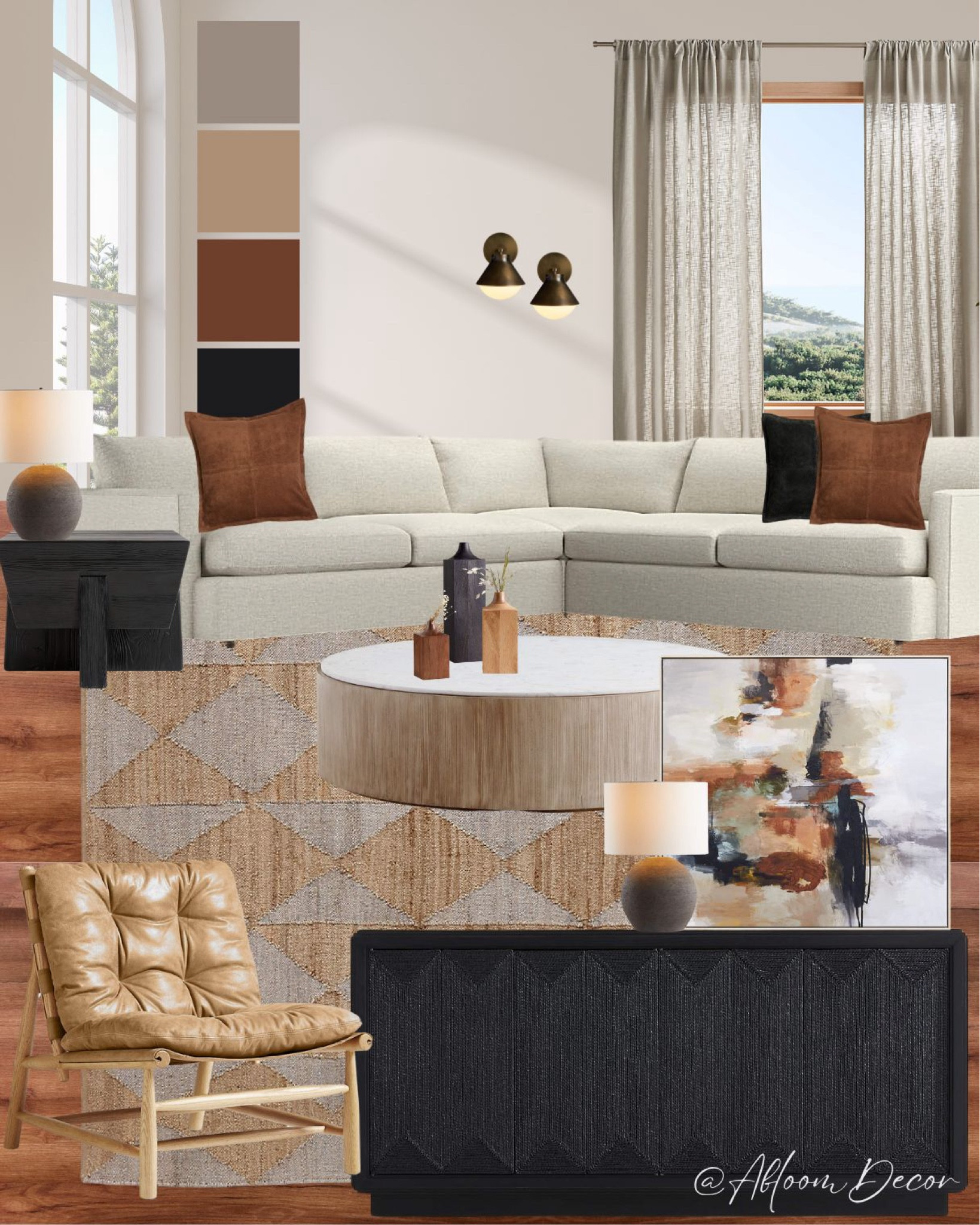 This living room design from Crate & Barrel blends earthy tones with modern accents for a cozy yet stylish vibe. The neutral sectional sofa is complemented by warm suede details and natural textures, while the abstract artwork and black accents add a contemporary touch to balance the space.

#LTKHome