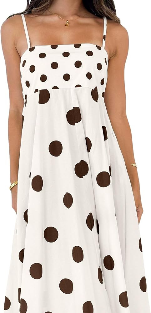 chouyatou Women's Elegant Polka Dot Maxi Dress Back Smocked Spaghetti Strap Ruffle Swing Long Dre... | Amazon (US)