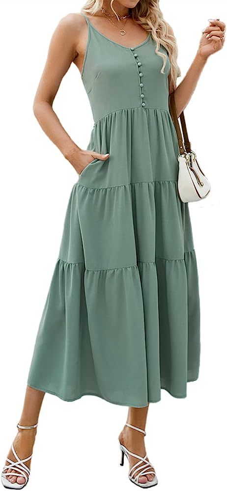 QegarTop Maxi Dress with Pockets Summer Dresses 2023 Spaghetti Strap Casual Beach Long Dresses | Amazon (US)