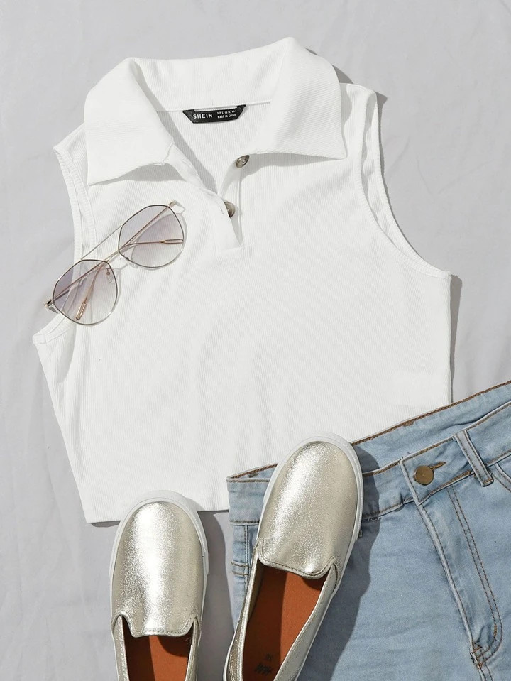 SHEIN EZwear Button Half Placket Rib-knit Tank Top | SHEIN