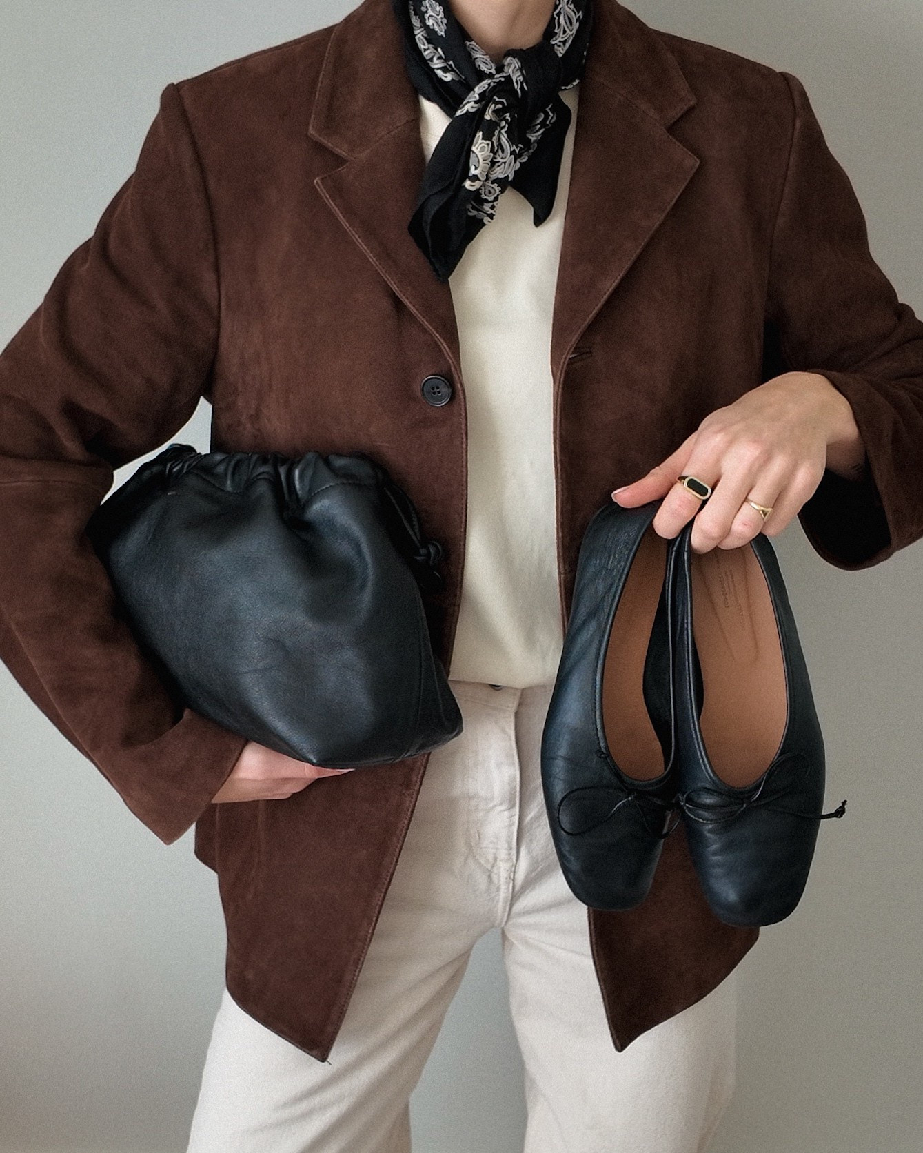 How to style a suede blazer outfit- spring outfit ideas - minimal style - brown suede blazer - Arket suede jacket - black clutch bag - silk scarf - Arket heavyweight t-shirt - ecru jeans - black leather ballet flats - spring trends - onyx gold ring 

#LTKspring #LTKeurope #LTKuk