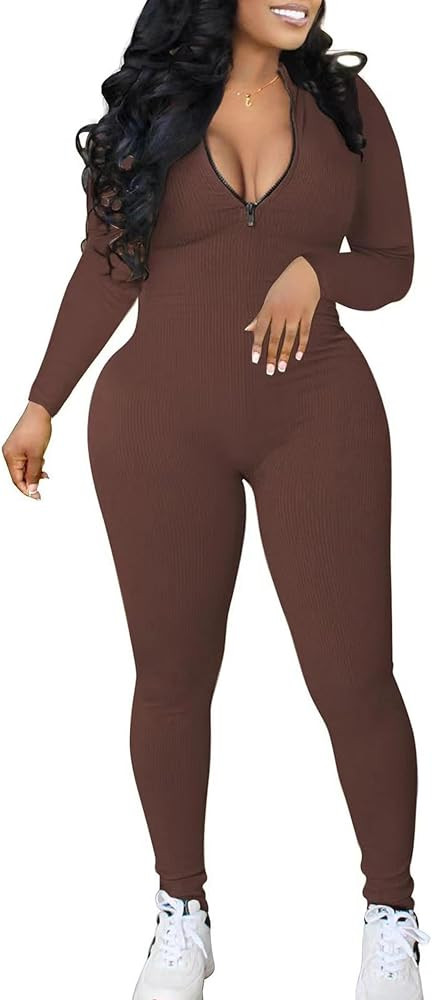 Matunana Womens One Piece Long Sleeve Jumpsuits Sexy Zip Up Bodycon Tummy Control Bodysuits Unita... | Amazon (US)