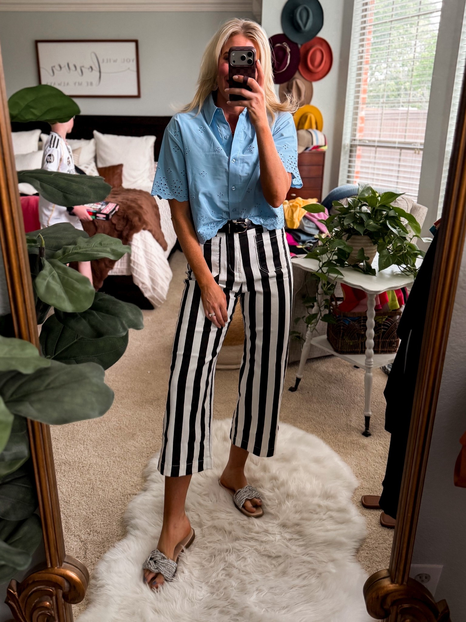 Church OOTD 
Eyelet top + striped jeans 
Anthropologie look for less
Fits tts wearing a small and size 4
Comes in other colors 

#LTKWorkwear #LTKootd #LTKOver40