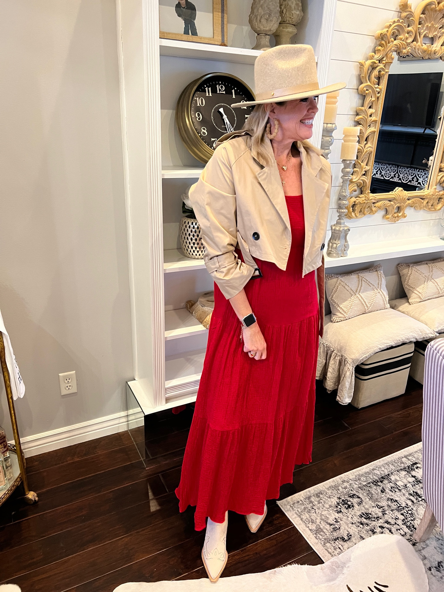 Red maxi 3 tiered dress  social threads 
I am in sm 

Cropped  trench coat fits tts  I am in sm

Lack of color hat 
Dolce vita booties 

