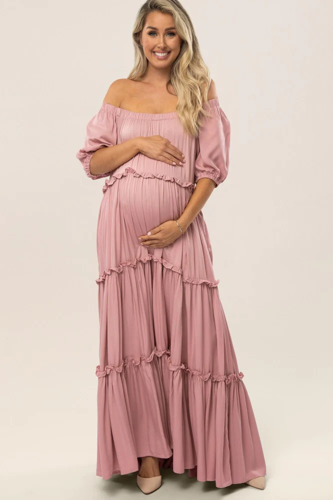 Mauve Off Shoulder Ruffle Tiered Maternity Maxi Dress | PinkBlush Maternity