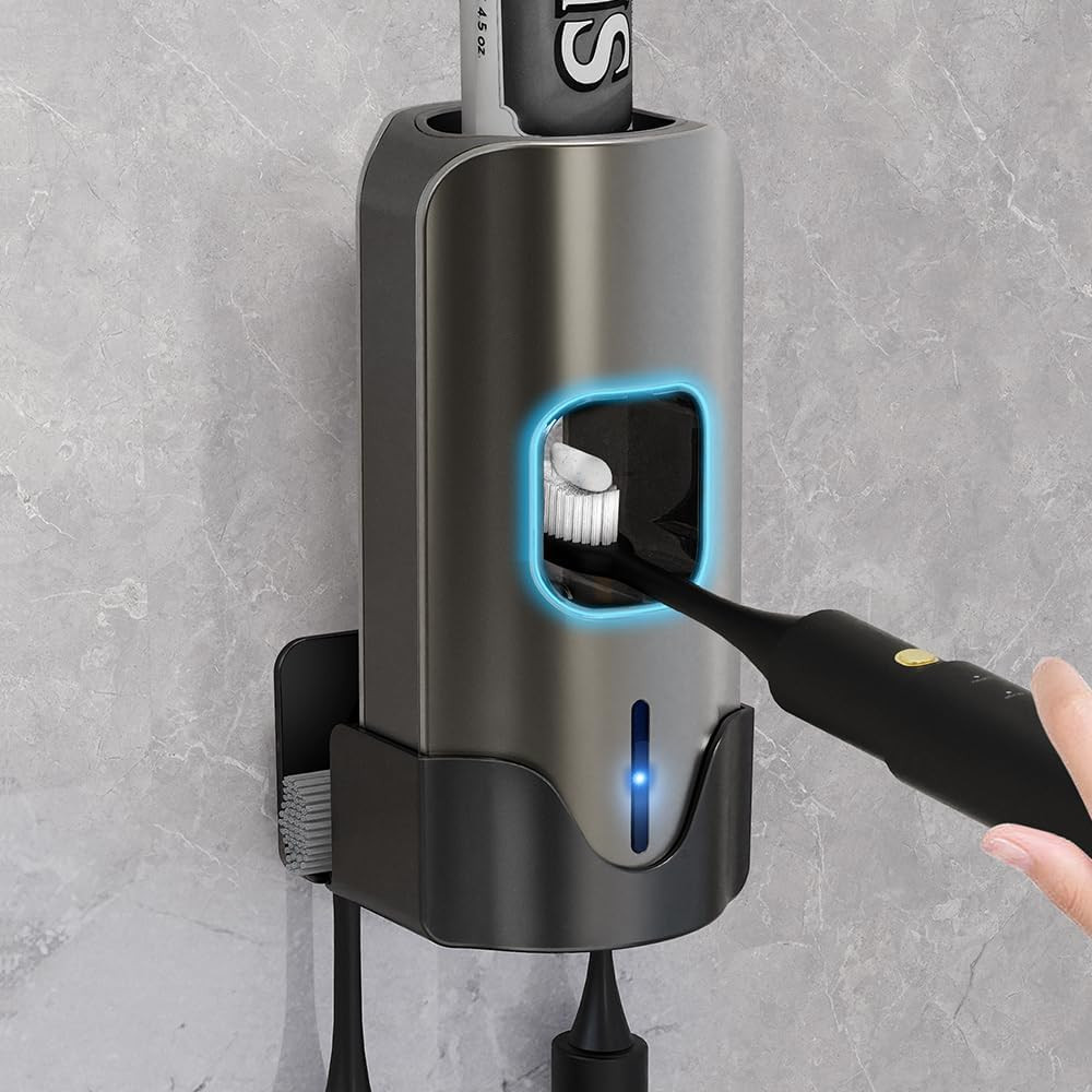 Smart Automatic Electric Toothpaste Dispenser for Kids - Wall Mounted Bathroom Squeezer with 3-Level Adjustment & 2 Toothbrush Slots (Grey) | Amazon (US)