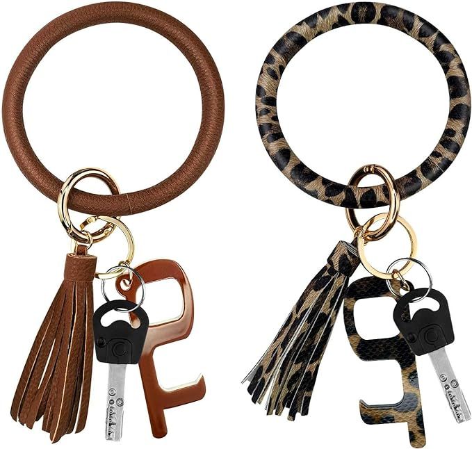 2pcs Leather-Keychain Wristlet Bangles Bracelets Round with No Touch Door Opener for Women | Amazon (US)