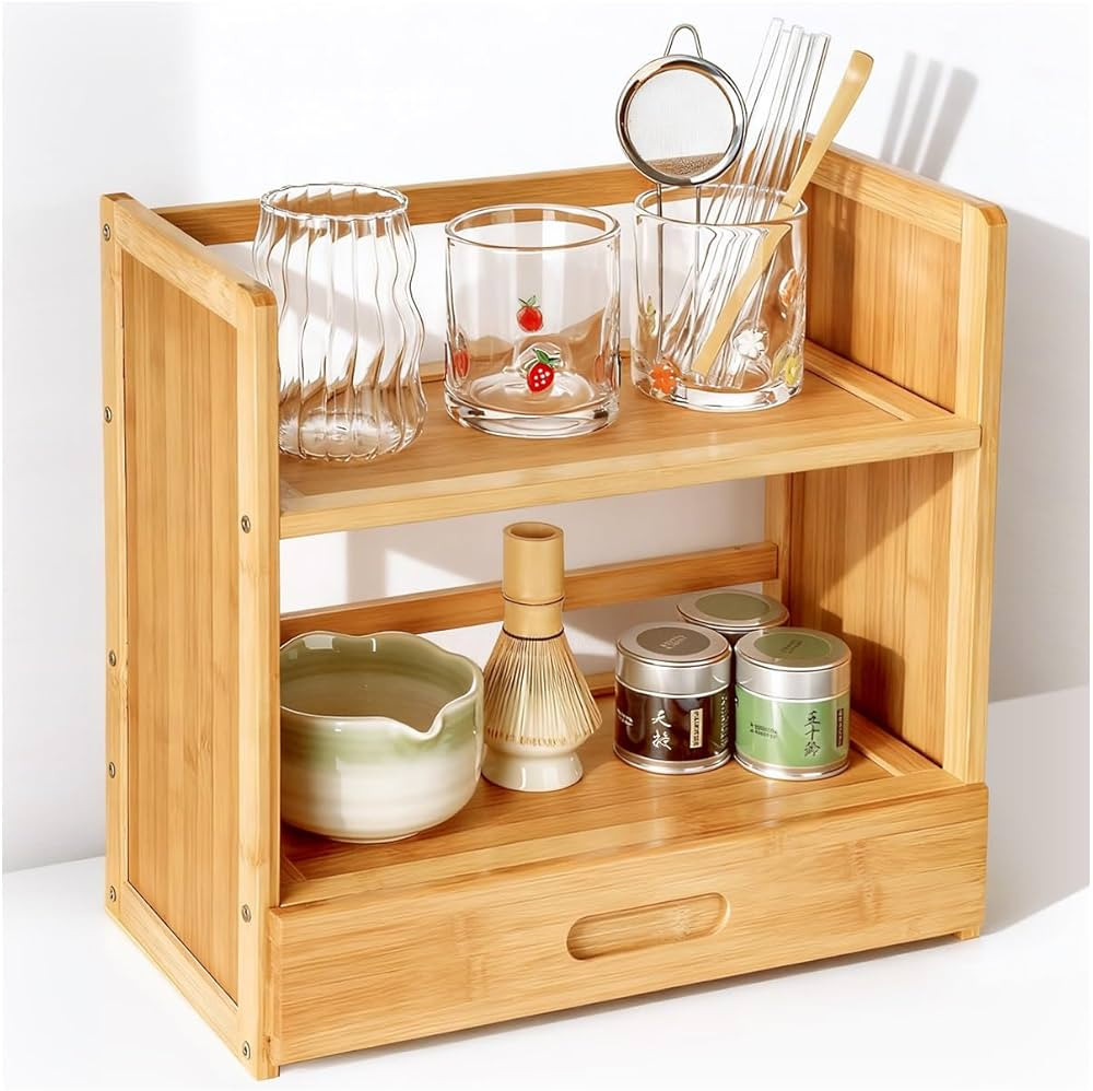 AIEVE Matcha Station Organizer, 2-Tier Bamboo Shelf with Hidden Drawer, Coffee Station Organizer ... | Amazon (US)