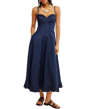 Free People Another Season Sweetheart Neck Sleeveless A-Line Denim Midi Dress - L | Dillard's