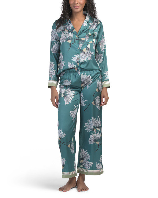 2pc Satin Floral Notch Collar Pajama Set With Contrast Trim | TJ Maxx