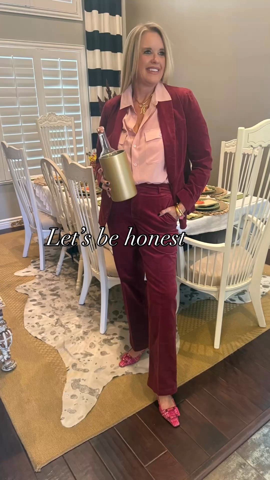 A chic Velvet 2 pieces Suit, just perfect for the up coming Holiday festivities 🍁🍂 by NYDJ

A rich and beautiful shade of burgundy/wine, soft comfortable and fits tts. Works of your Tall as well.
Wearing a small and a 4 pant 

Paired with a pink silk button up top, also by NYDJ wearing a small 

Tweed kitten heel with rhinestones buckle embellishment  by Madison Masion 

Gold Ribbon necklace by Allie Bess save 20% off with code DARCY20

Ring and brackets by Julie Vos 





#LTKWorkwear #LTKStyleTip