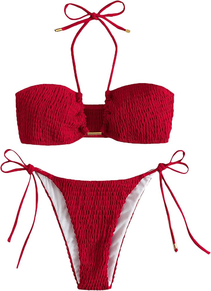 SweatyRocks Women's 2 Piece Bathing Suit Ribbed Tie Side Halter Bikini Swimsuit | Amazon (US)