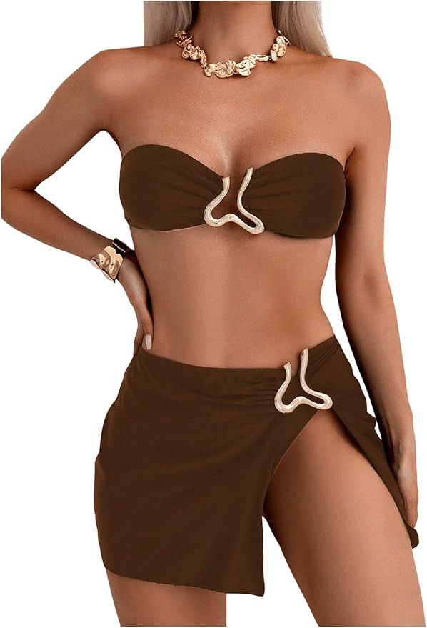 MakeMeChic Women's 3 Piece Bikini Set Bandeau Swimsuit High Waist Bathing Suit with Cover Up Skir... | Amazon (US)