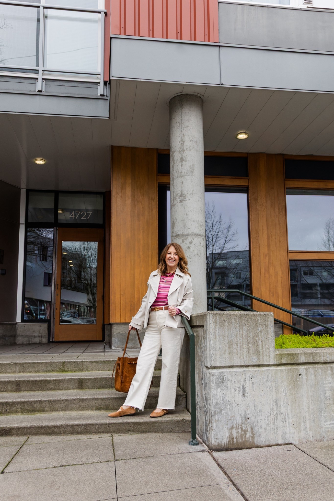 Transitional outfit - pink, ecru, and cognac. 

Jeans fit tts 
Trench  - roomy tts
Ballet flats - tts

#LTKootd #LTKSeasonal #LTKOver40