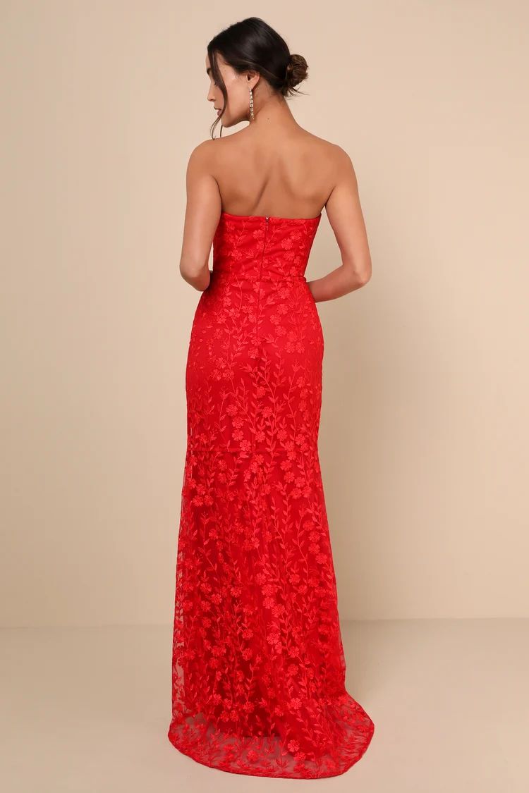 Romantic Beauty Red Floral Embroidered Strapless Maxi Dress | Lulus