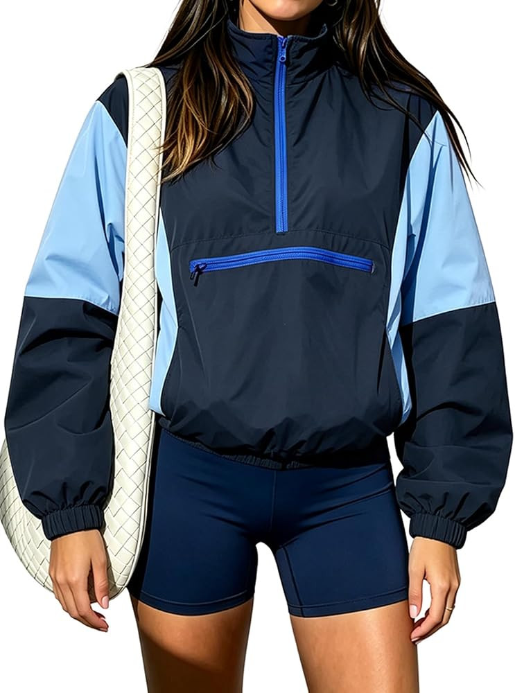 Fisoew Womens Windbreaker Jackets Quarter Zip Lightweight Fall Pullover Top | Amazon (US)