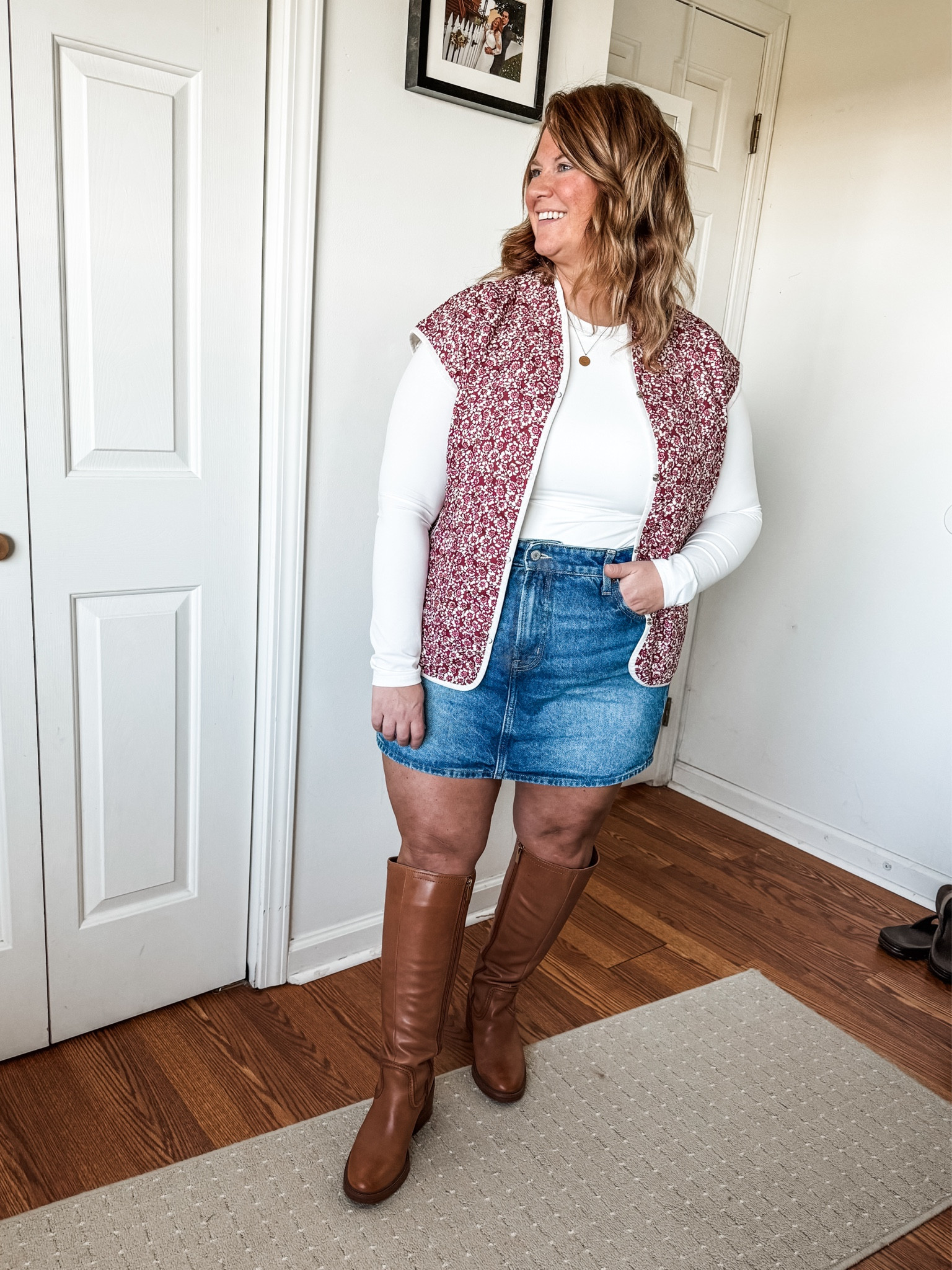 Fall outfit idea - denim mini skirt and tall boots with a quilted vest 

Wearing mostly older pieces so linked similar 

#LTKFindsUnder50 #LTKMidsize #LTKSeasonal