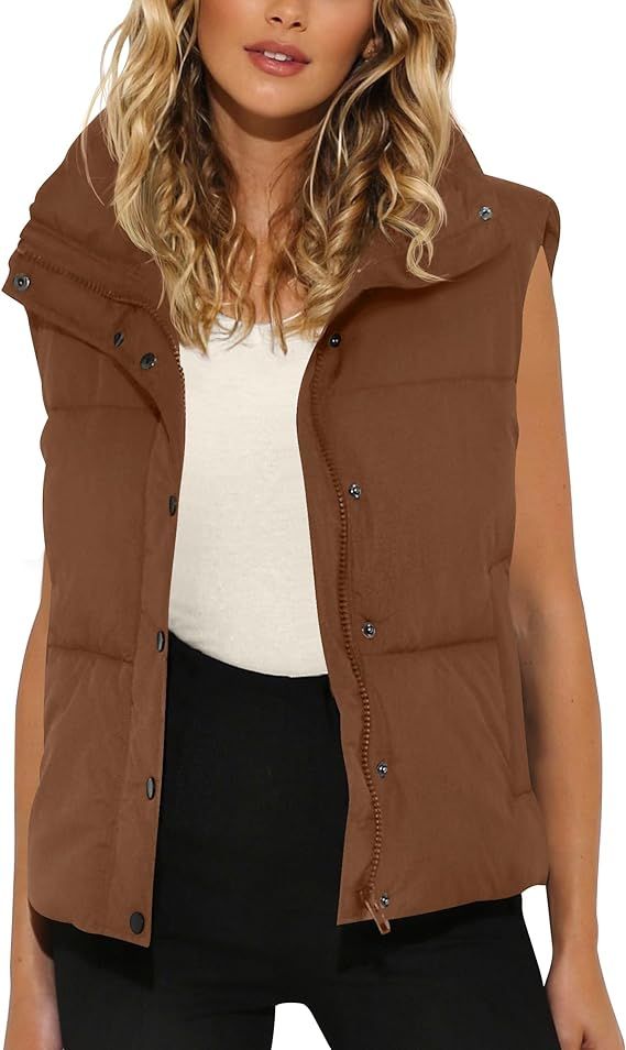 MIROL Women's Sleeveless Cropped Puffer Vest Zip Up Stand Collar Button Down Winter Crop Jackets ... | Amazon (US)